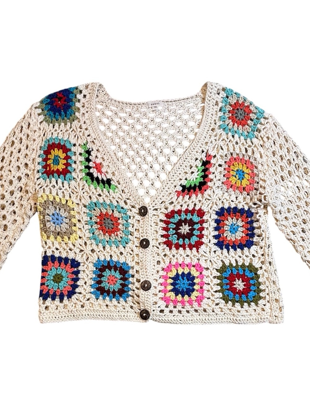 DEBUT Crochet Granny Square Cardigan Sweater Boho Cottagecore Patchwork Medium